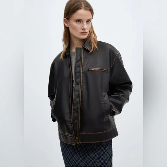Mango Napoli oversized, worn leather jacket XS NWOT - Picture 7 of 10